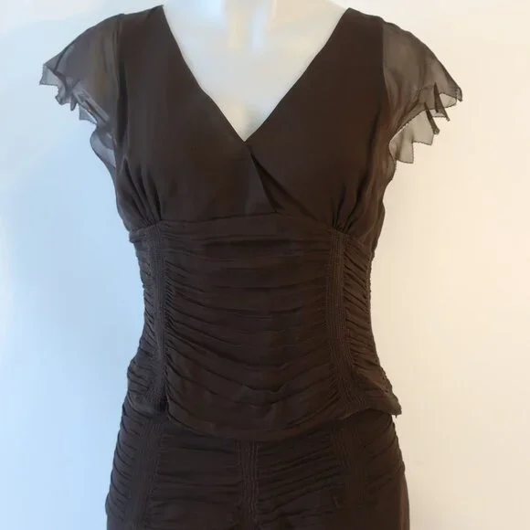 Womens 2PC Lela Rose 100% Silk Brown Blouse, Skirt Set 8 - Picture 8 of 11